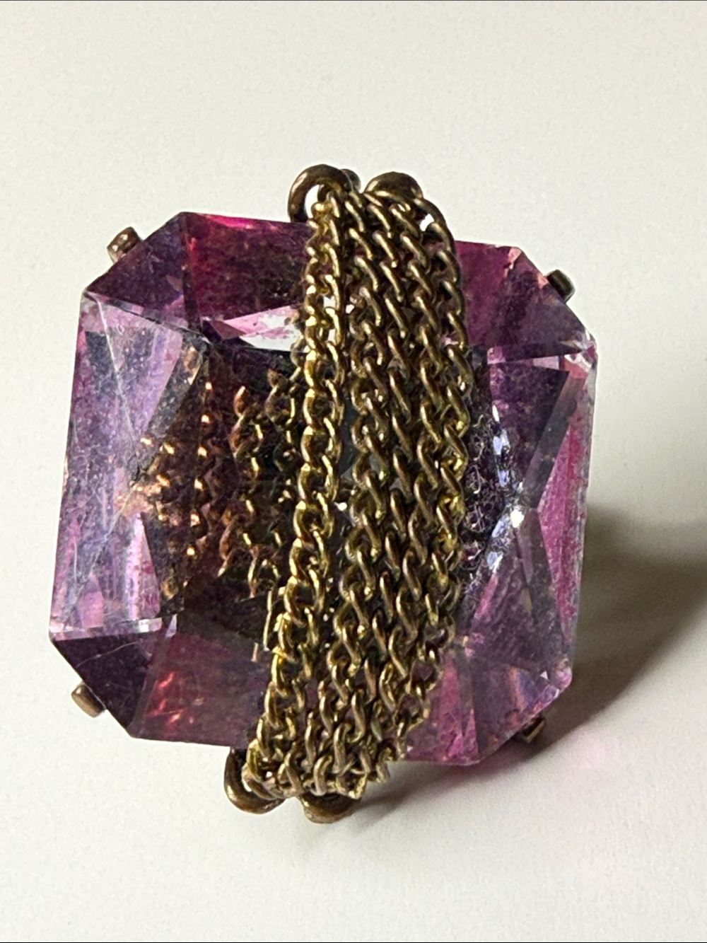 Vintage Pink faceted glass Statement Ring with Gold Chain Accent adjustable